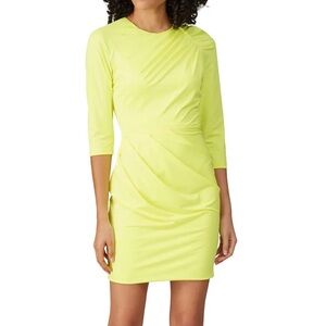Black Halo Moss Long Sleeve Crew Neck Ruched Mini Sheath Dress Yellow Sz 14